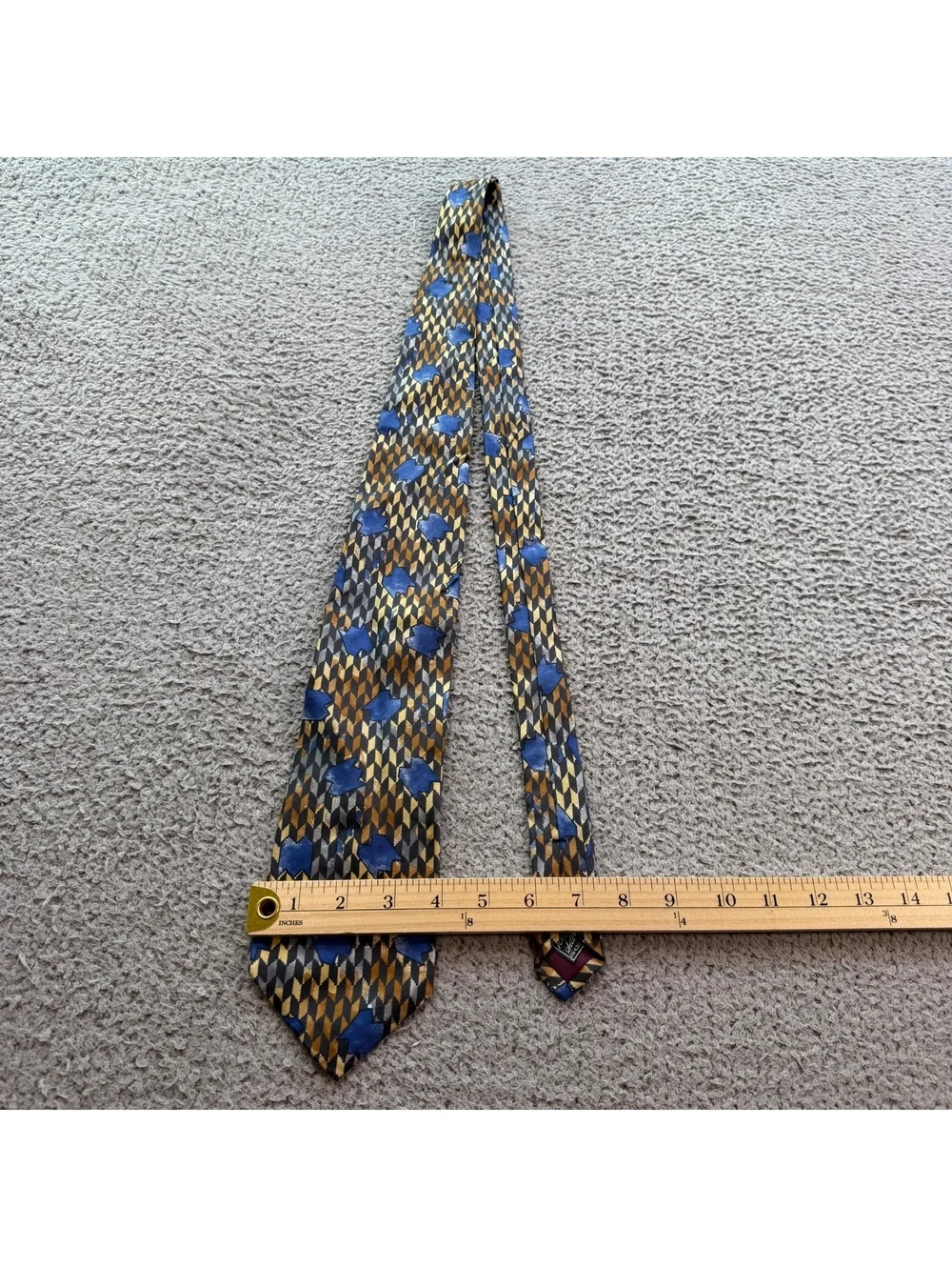 Vintage Gino Pompeii 100% Silk Geometric Abstract Wide Necktie Blue Gold Gray